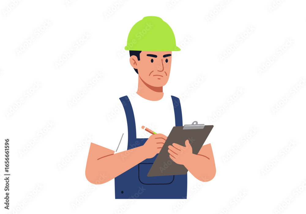 Man in blue overalls limegreen hardhat holds clipboard writing with pencil Man in blue overalls limegreen hardhat holds clipboard writing with pencil