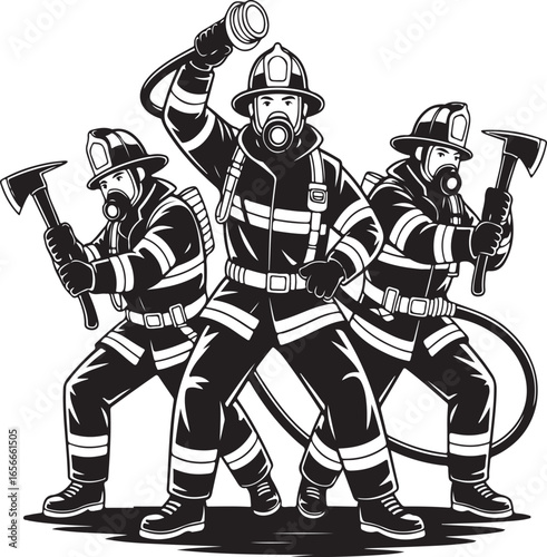 Vector Illustration of Firefighters in Action – Heroic Rescue Scene