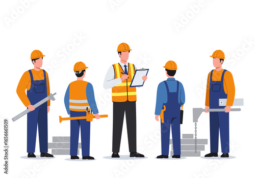 Five construction workers one taking notes wear hard hats and safety gear against a white backdrop