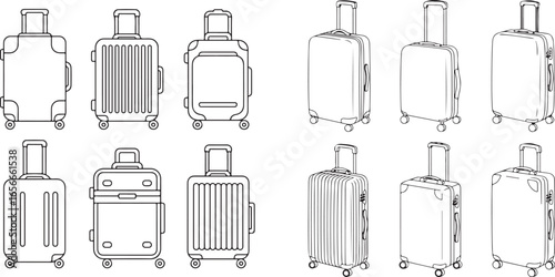 Collection of various rolling suitcases with retractable handles and wheels