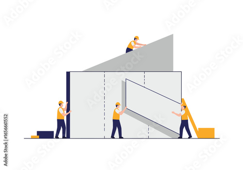 Four workers assemble a buildings walls and roof section on a white backdrop