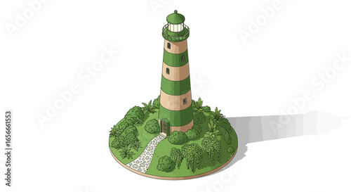 Whimsical lighthouse on a verdant isle, charming and serene depiction