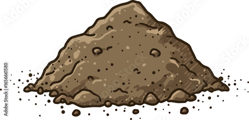 A stylized illustration of a pile of brown soil with small pebbles and dirt scattered around it on a white background