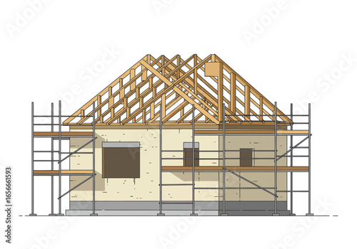 House under construction exposed wooden roof scaffolding on sides