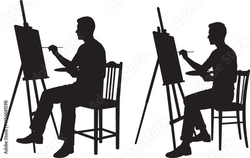 Two artists painting on easels silhouette