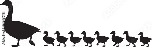 Silhouette of a mother goose leading her ducklings in a line, walking to the right
