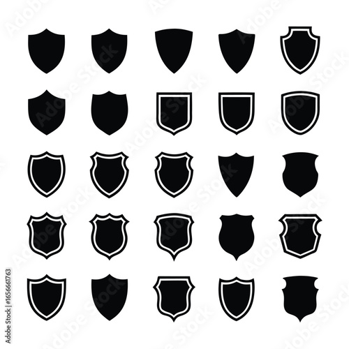 Collection of twenty five black shield emblems in various shapes and sizes with a distressed textured effect on a white background representing protection security and heraldry