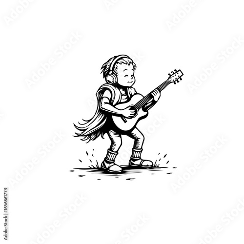 A young musician lost in his passion creating music with his guitar and headphones vector