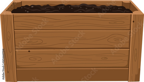 Rectangular wooden planter box filled with dark soil ready for planting flowers or plants on a white background