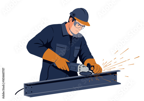 Welder grinds metal beam wearing hardhat  gloves Sparks fly