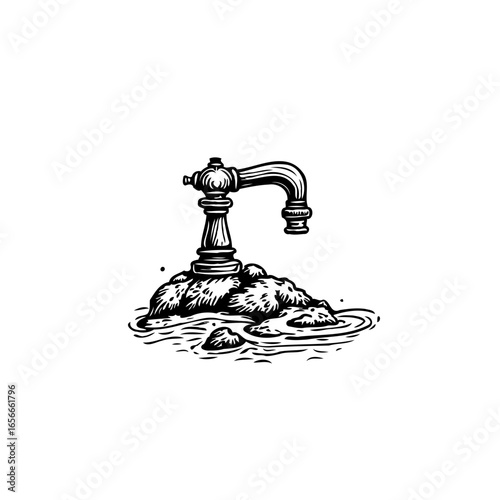 Illustrative faucet atop a mossy rock in water, representing environmental concerns and clean water access