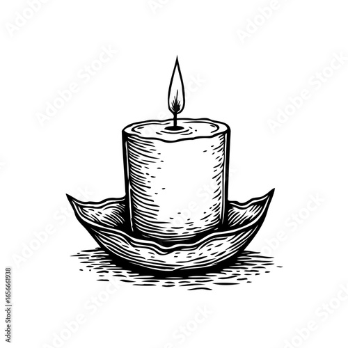 Vintage candle holder image, lit candle flame sketch drawing, creating cozy and warm ambiance, perfect decoration