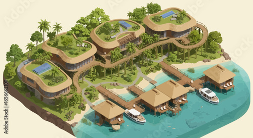 Artistic rendition of a tropical island resort, featuring overwater bungalows