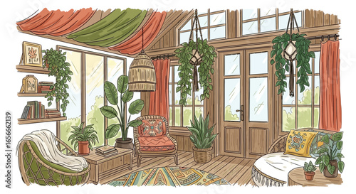 Bohemian-inspired sunroom sanctuary with cozy rattan furniture and lush plants