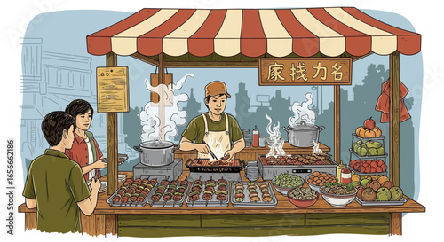 Asian Street Food Vendor Preparing Skewers and Serving Customers with a Smile