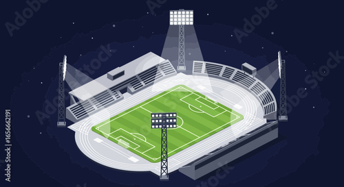 Captivating isometric stadium view shines under brilliant floodlights at night