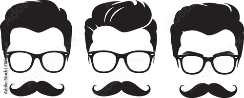 Three hipster faces with glasses and mustaches silhouette