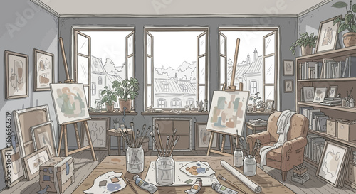 Charming artist studio interior with creative atmosphere and cityscape view