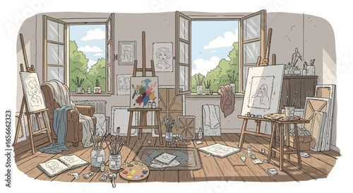 Charming artist's studio interior with various easels and art supplies