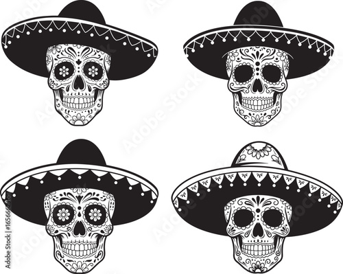 Four sugar skulls wearing sombreros silhouette