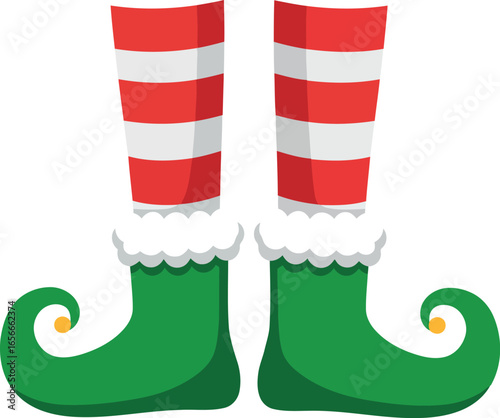 Whimsical christmas elf legs with green curled shoes and red and white striped stockings isolated on white background