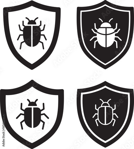 Four shield icons with bug silhouette