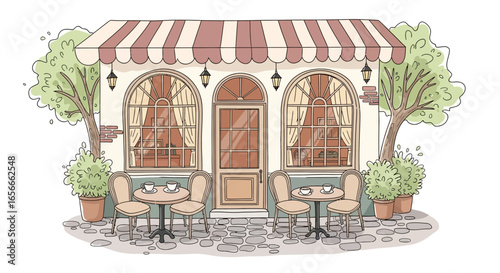 Charming facade of a cozy cafe in a delightful illustration style scene