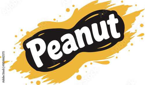 Bold graphic design featuring the word peanut inside a stylized peanut shape with a vibrant yellow splash background