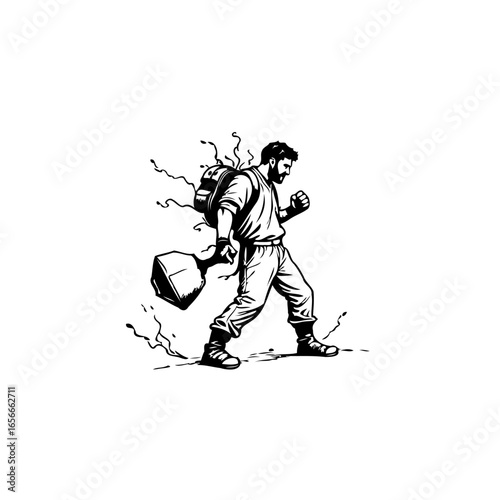 Brawny man carrying a heavy load with determination showcasing strength and resilience for illustrative purposes