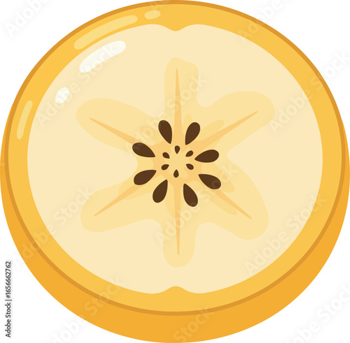 A vibrant top down illustration of a perfectly round sliced yellow apple revealing its star shaped core and seeds