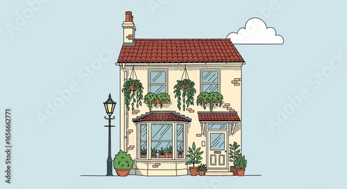 Charming urban townhouse facade illustration with potted plants and lamp post