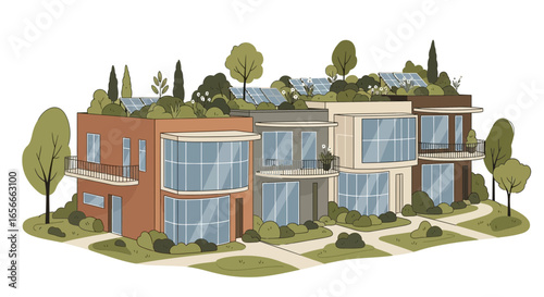 Contemporary sustainable townhouses integrating renewable energy and green spaces