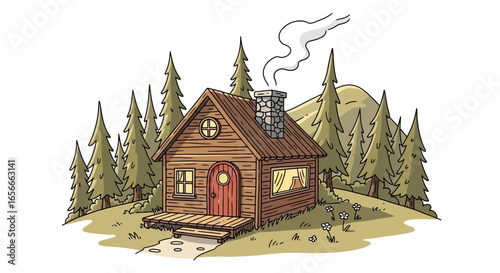 Cozy cartoon cabin retreat nestled among evergreens with smoking chimney