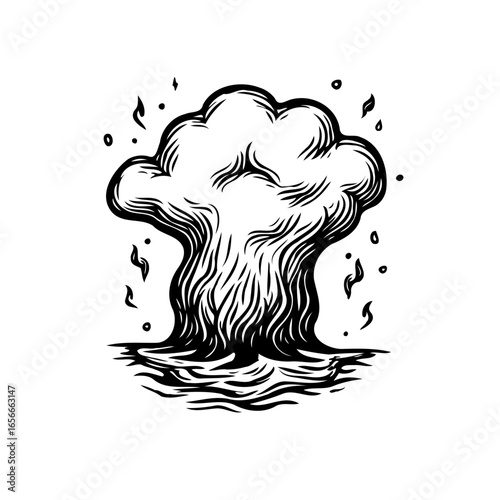 Illustration of mushroom cloud explosion with flames and smoke in black and white style, representing danger