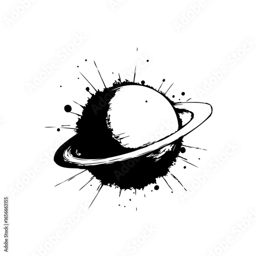 Saturn ink vector illustration displaying celestial body and planetary ring systems in monochrome drawing with splattered detail