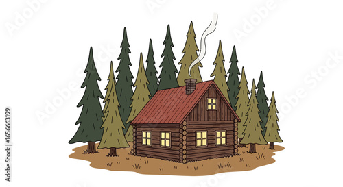 Cozy log cabin nestled among evergreen trees, a tranquil woodland scene