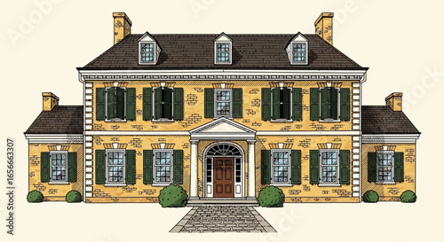 Detailed illustration of a large brick house with green shutters and landscaping