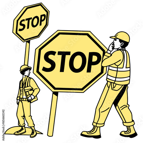 Two construction workers and stop signs illustration 