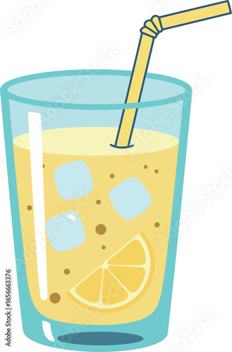 Refreshing glass of cold lemonade with ice cubes and a slice of lemon and a straw on a white background