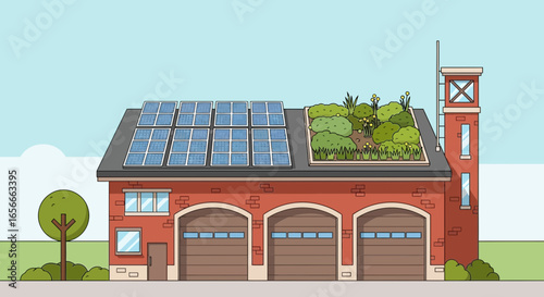 Eco-Friendly Fire Station Design with Solar Panels and Green Roof Concept