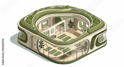 Eco-Friendly Yoga Studio Isometric Design with Green Roof and Nature Integration