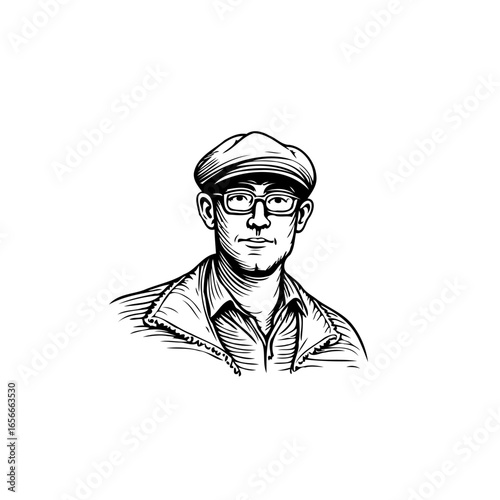 Illustration of a man wearing glasses and a cap in vintage style portrait illustration with a lot of style