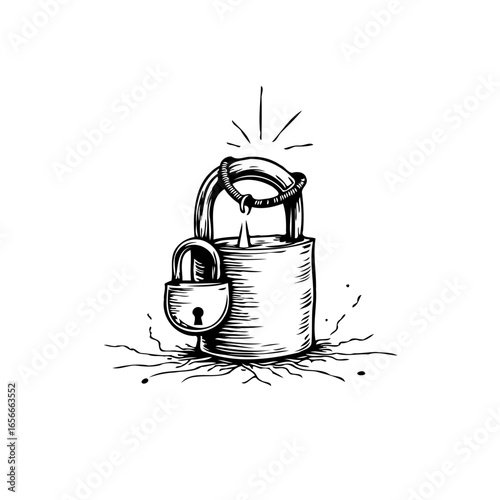 Padlock security concept illustration drawing style with small padlock attached to large padlock showing protection