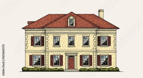 Elegant architectural design of a classic two-story residence with shutters