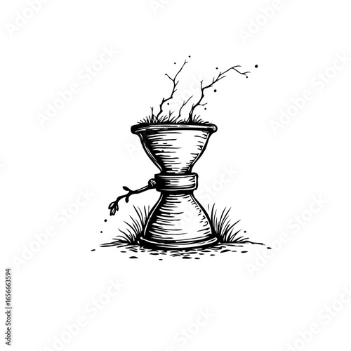 Unique hand drawn hourglass plant pot illustration displaying the passage of time and growth concept with elegance
