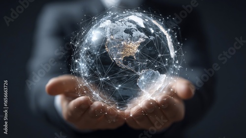 Glowing digital globe in hands, depicting networks over continents, dark background