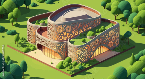 Floral lattice architectural building with green space and light filtering windows
