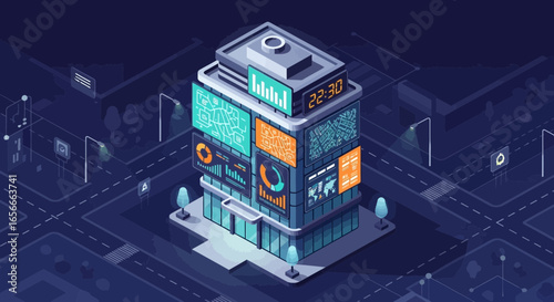 Futuristic data hub architecture with interactive screen interface illustration