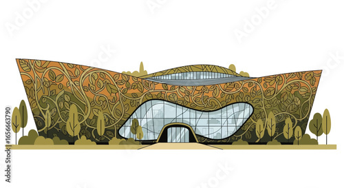Futuristic eco-architecture building design with intricate leaf pattern facade