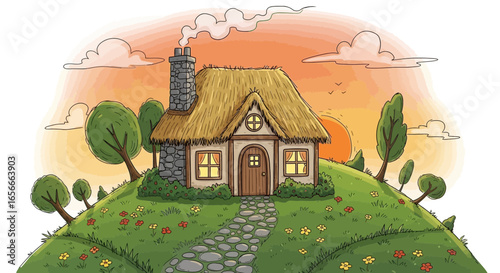 Idyllic cottage on a hill at sunset offering tranquility and charm